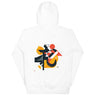White hoodie with a colorful graphic design on a white background