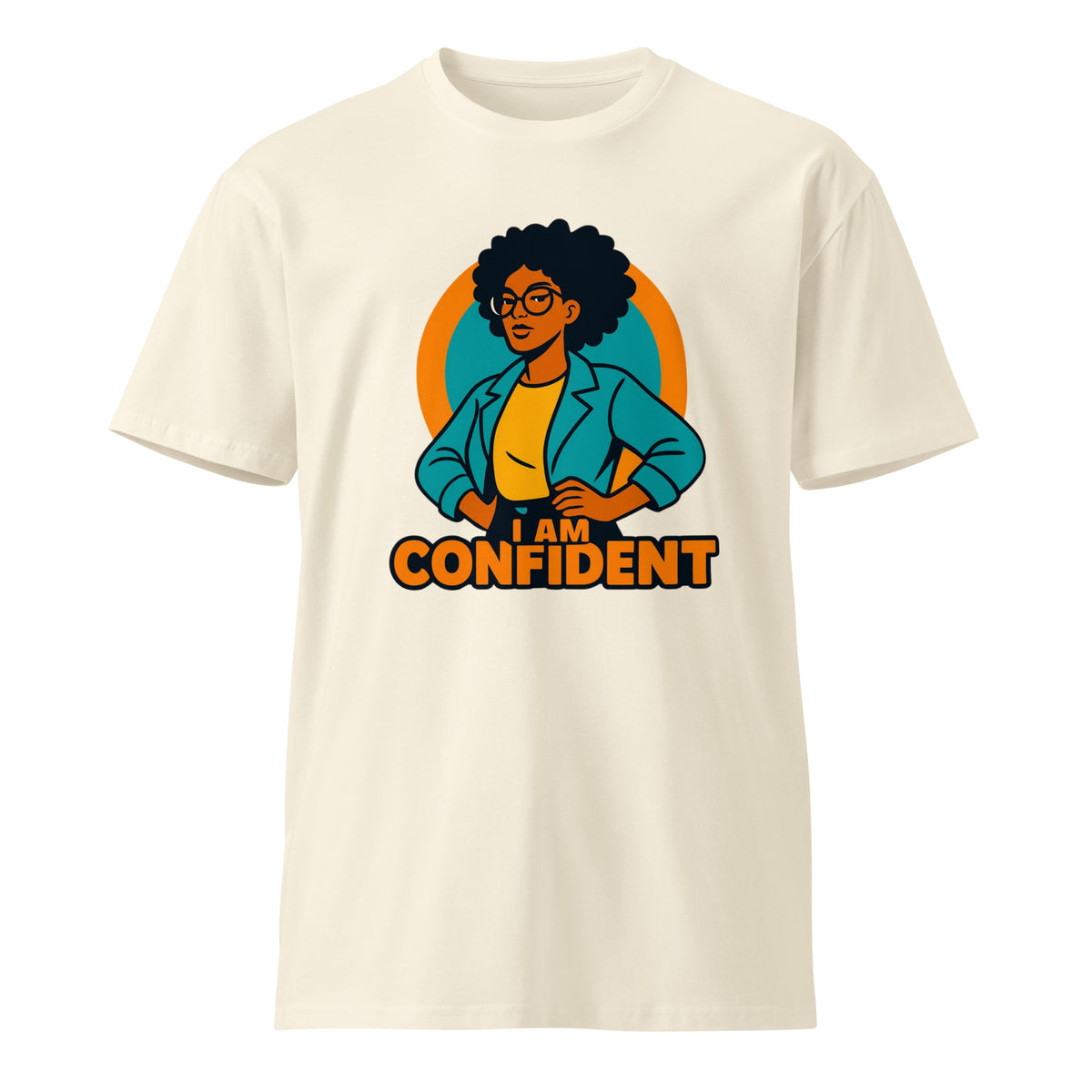 Beige t-shirt with a graphic of a woman and 'I AM CONFIDENT' text on a white background