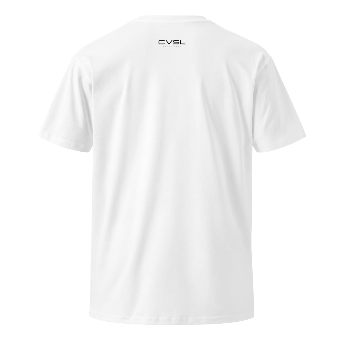White t-shirt with brand logos on sleeves against a white background
