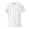 White t-shirt with brand logos on sleeves against a white background