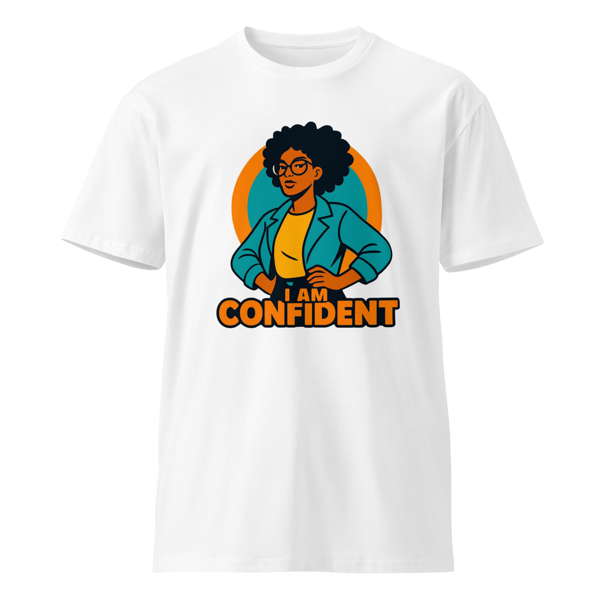 White t-shirt with a graphic of a woman and 'I AM CONFIDENT' text on a white background