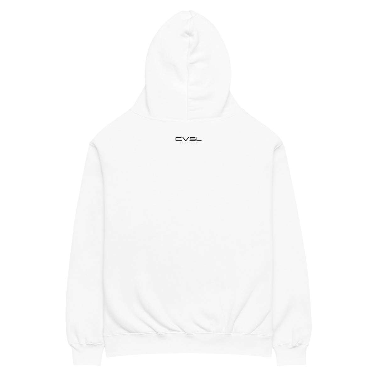 White hoodie with 'CVSL' logo on a white background